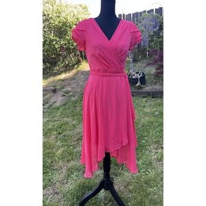 DKNY PINK Faux Wrap Dress Size 6 Chiffon Short Sleeve Midi Hi-Lo Belted Lined